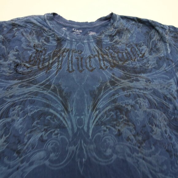 Affliction T-Shirt Large Blue Fleur De Lis READ Distressed Tiny Holes Y2K - Picture 4 of 15